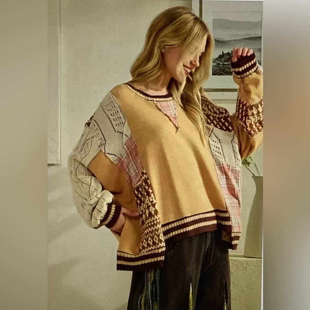 Oli & Hali Mixed Media Oversized Patchwork Cable-Knit Sweater - Mustard - Picture 4 of 5